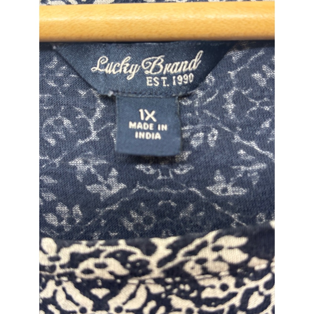 Lucky Brand Women Navy Blue White Paisley Medallion Boho Tunic Top 1X Long Sleev